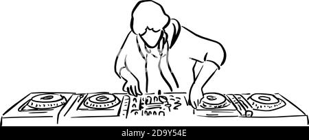 Disc jockey with the turntable dj plays scratching vinyl records and mix music tracks vector illustration sketch doodle hand drawn with black lines is Stock Vector