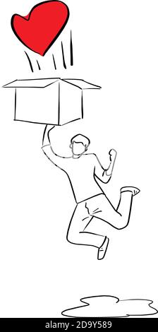 man jumping to the box with red heart vector illustration sketch doodle hand drawn with black lines isolated on white background Stock Vector