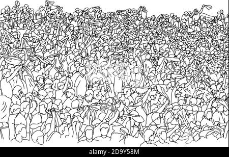 crowd of people on stadium cheering soccer with scarf vector illustration sketch doodle hand drawn with black lines isolated on white background Stock Vector