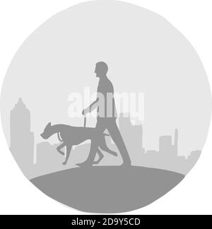 silhouette man and his dog with cityscape vector illustration with black lines isolated on white background. shade of grays. Stock Vector