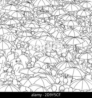 crowd people on street with umbrella vector illustration sketch doodle hand drawn with black lines isolated on white background Stock Vector