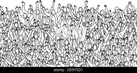 crowd of people raising their hands up on stadium vector illustration sketch doodle hand drawn with black lines isolated on white background. Stock Vector