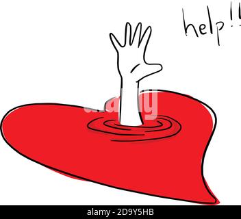 drowning victim in red heart vector illustration sketch doodle hand drawn with black lines isolated on white background. Stock Vector