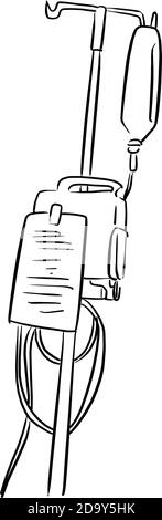 Saline solution bag hanging on pole vector illustration sketch doodle hand drawn with black lines isolated on white background Stock Vector