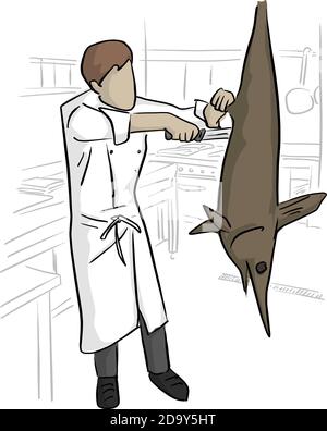 chef cutting big fish in kitchen vector illustration with black lines isolated on white background. Stock Vector