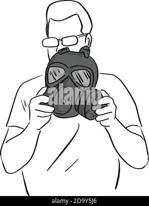 man holding dark gas mask vector illustration sketch doodle hand drawn with black lines isolated on white background Stock Vector