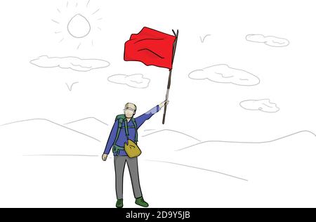 backpacker with red flag vector illustration with black lines isolated on white background Stock Vector