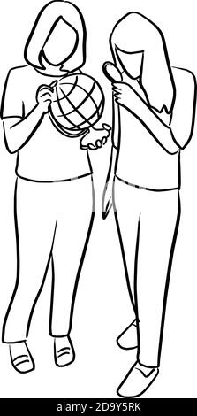 two women holding world globe and magnifying glass vector illustration sketch doodle hand drawn with black lines isolated on white background Stock Vector