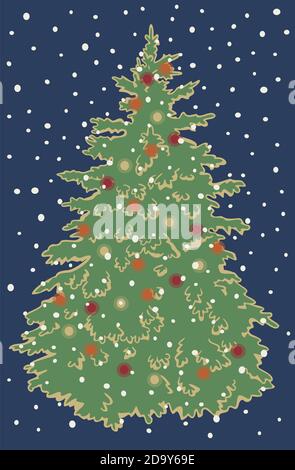 Vector illustration postcard design Christmas tree with Christmas decorations on blue background. Retro vintage style Xmas card. Stock Vector
