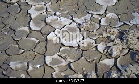 Close up view of cracked dried soil. Desiccation in soil, hard panic surface, natural dryness and rough desert plains. Stock Photo