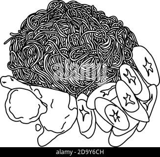 Spaghetti with chicken and vegetables vector illustration sketch doodle hand drawn with black lines isolated on white background Stock Vector