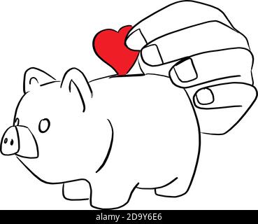 close-up hand putting red heart in piggy bank vector illustration sketch doodle hand drawn with black lines isolated on white background. love charity Stock Vector