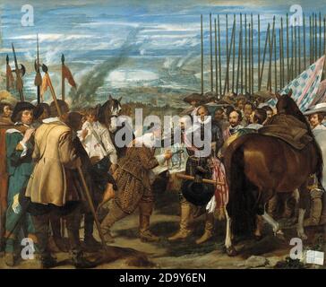 Title: The Surrender of Breda Creator: Diego Rodriguez de Silva y Velazquez Date: c.1635  Medium: Oil on canvas Dimension: 307 x 367 cm Location: Prado, Madrid Stock Photo