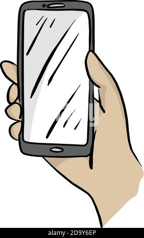 hand holding mobile phone vector illustration sketch doodle hand drawn with black lines isolated on white background Stock Vector