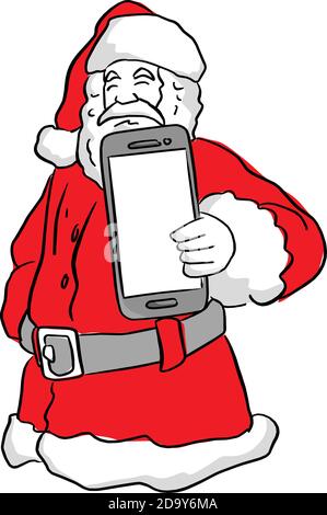 Santa Claus holding a mobile phone vector illustration sketch doodle hand drawn with black lines isolated on white background Stock Vector