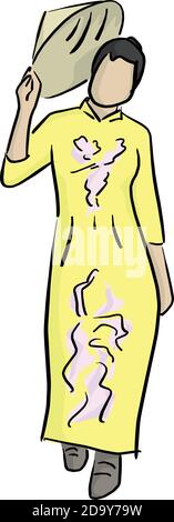 vietnamese woman in Ao Dai costumn holding traditional asian conical hat vector illustration with black lines isolated on white background Stock Vector