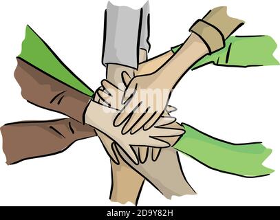 hand together with help vector illustration with black lines isolated on white background. Volunteer concept. Stock Vector
