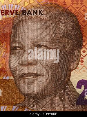 Nelson Mandela portrait on South Africa 20 rand banknote close up macro, South Africa money closeup Stock Photo