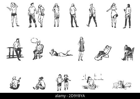 Telephone communication, people with smartphones concept sketch. Hand drawn isolated vector Stock Vector