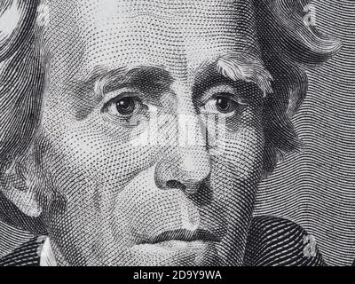 US President Andrew Jackson face on twenty dollar bill macro, 20 usd, united states money closeup Stock Photo