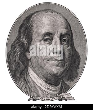 Benjamin Franklin face on us one hundred dollar bill macro isolated, united states money closeup Stock Photo