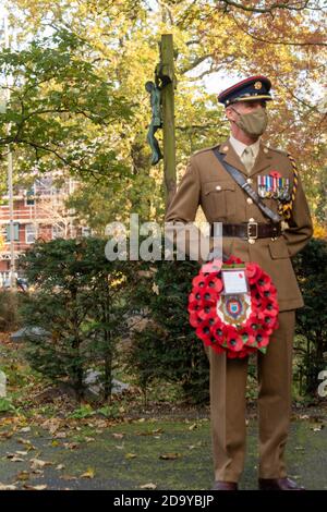 Brentwood Essex 8th November 2020 A formal outdoor event of laying of wreaths took place at St Thomas' Church Brentwood Essex with cvic and military representatives including Alex Burghart MP and Cllr Olivia Sanders Deputy Mayor of Brentwood Credit: Ian Davidson/Alamy Live News Stock Photo