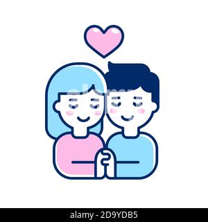 Cute cartoon couple in love holding hands. Simple line icon in flat vector style. Isolated clip art illustration. Stock Vector