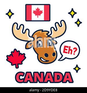 Funny cartoon moose with saying 'Eh?' Canadian flag and other national symbols. Canada Day design elements set, vector clip art illustration. Stock Vector