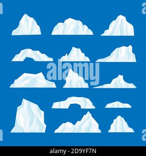 Icebergs set vector illustration isolated on white background in a cartoon flat style. Stock Vector