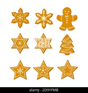 Gingerbread Christmas cookies set with stars snowflakes Christmas tree and ginger man vector Stock Vector