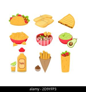 Set of different traditional Mexican food vector illustration isolated on white background. Stock Vector