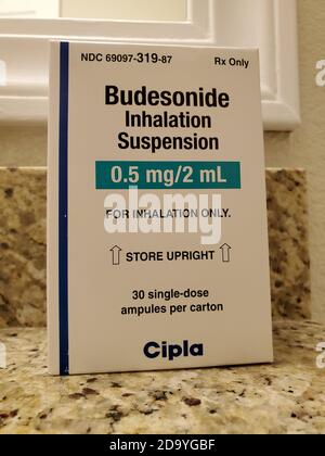 Close-up of Budesonide Inhalation Suspension nebulizer respiratory medication from Cipla in bathroom setting, San Ramon, October 17, 2020. () Stock Photo