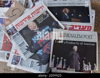 Jerusalem, Israel. 08th Nov, 2020. The front pages of Israeli newspapers announce the election victory of President-elect Joe Biden in the U.S. 2020 General Election, displayed at a newsstand in Jerusalem, on Sunday, November 8, 2020. Photo by Debbie Hill/UPI Credit: UPI/Alamy Live News Stock Photo