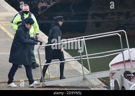 Liam Gallagher seen preparing for filming on a barge on the Thames in London Stock Photo