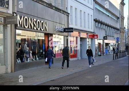 Cheltenham High Street. Lockdown Two leaves the streets of Cheltenham, Gloucestershire quiet with shops and restaurants closed for business Stock Photo