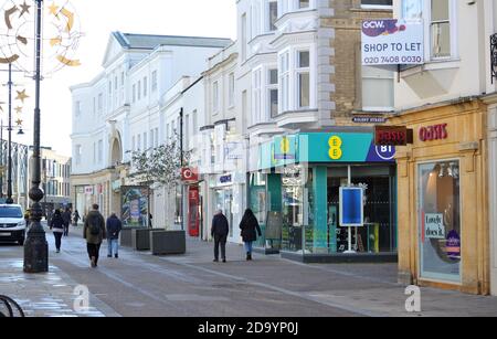 Cheltenham High Street. Lockdown Two leaves the streets of Cheltenham, Gloucestershire quiet with shops and restaurants closed for business Stock Photo