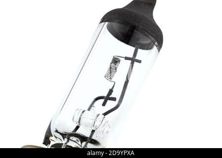 Macro shot of a blown H7 type automotive bulb, isolated on a white background with clipping path. Stock Photo