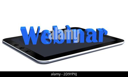 Webinar - lettering in blue shown over a tablet display - home office or schooling concept - isolated on white background - 3D-illustration Stock Photo