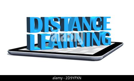 DISTANCE LEARNING - lettering shown over a tablet display - home office or schooling concept - isolated on white background - 3D-illustration Stock Photo