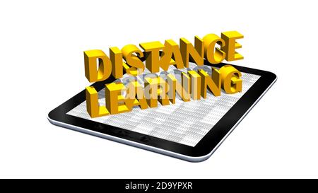 DISTANCE LEARNING - lettering shown over a tablet display - home office or schooling concept - isolated on white background - 3D-illustration Stock Photo
