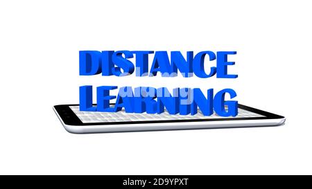 DISTANCE LEARNING - lettering shown over a tablet display - home office or schooling concept - isolated on white background - 3D-illustration Stock Photo