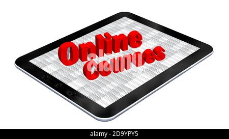 Online Courses - lettering shown over a tablet display - home office or schooling concept - isolated on white background - 3D-illustration Stock Photo