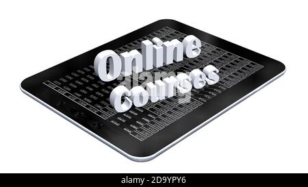 Online Courses - lettering shown over a tablet display - home office or schooling concept - isolated on white background - 3D-illustration Stock Photo