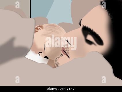Baby and father sleeping in a room. Stock Vector