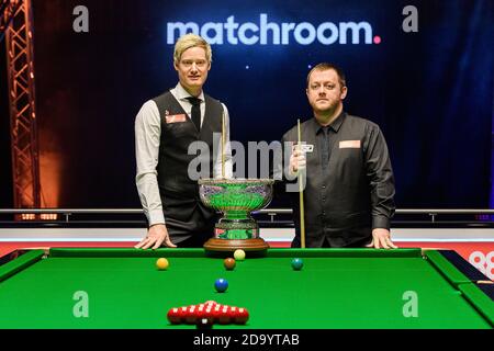 MILTON KEYNES, UNITED KINGDOM. 08th Nov, 2020. Neil Robertson (left), Mark Allen (right) pose photo for the media prior to the match during 2020 888Sport Champion of Champions Snooker Final at Marshall Arena on Sunday, November 08, 2020 in MILTON KEYNES, ENGLAND. Credit: Taka G Wu/Alamy Live News Stock Photo