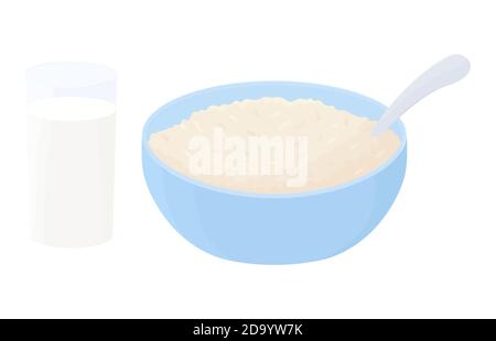 Oatmeal breakfast bowl, cup of oat grain porridge with glass of milk illustration isolated on white background. Vector food icon. Cartoon muesli, flak Stock Vector