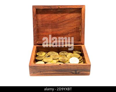 Treasure chest with coins isolated on white background Stock Photo
