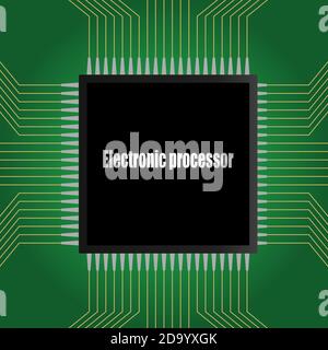 The electronic chip of the processor on the green printed circuit board. Stock Vector