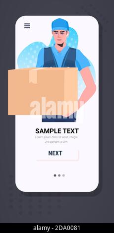 man courier holding cardboard boxes black friday sale express delivery service concept smartphone screen vector illustration Stock Vector