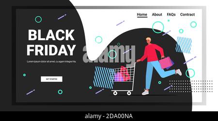 man pushing trolley cart with shopping bags black friday big sale promotion discount concept full length horizontal copy space vector illustration Stock Vector